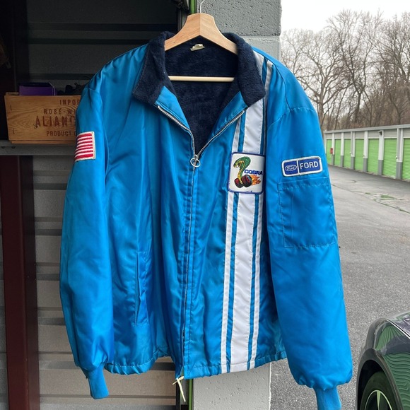 Vintage 60s 70s Ford Shelby Cobra Racing Jacket Blue White Faux Fur Lined XL - Picture 2 of 11